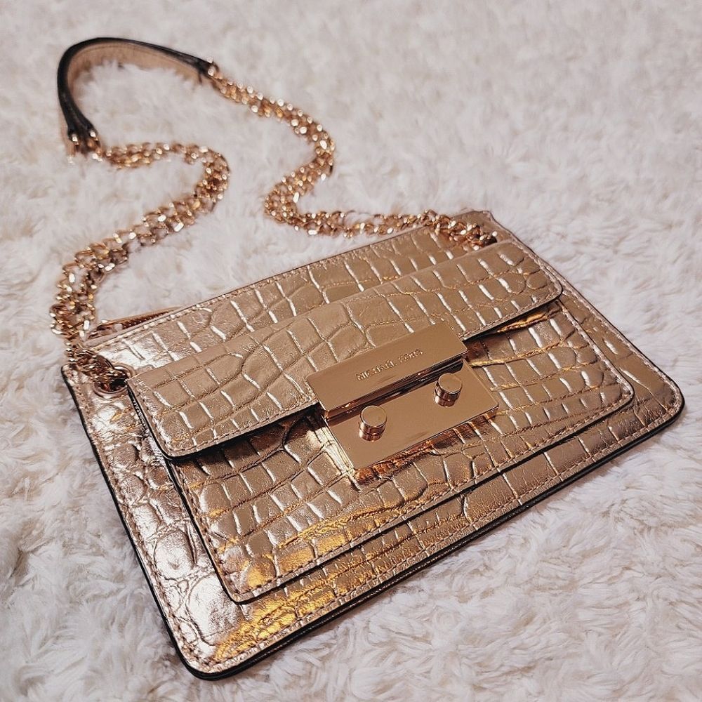 Michael Kors Sloan Metallic Rose Gold Croc Embossed Leather Crossbody Purse